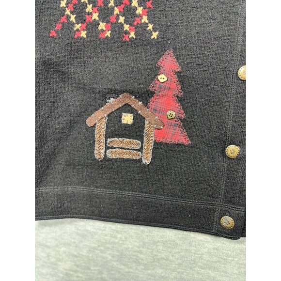 Woolrich Womens 100% Wool Vest L Black Cabin Patchwork Bear Tree Buttons‎ Rustic - Picture 2 of 7